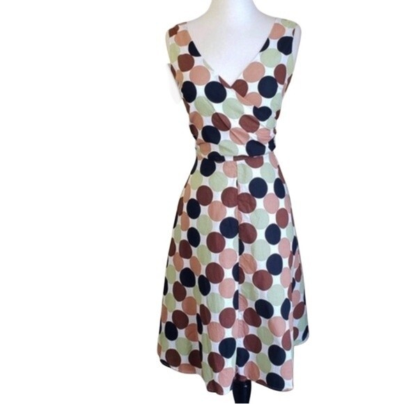 Beautiful sage green tan and brown polka dot cotton dress size 11 - Picture 1 of 8